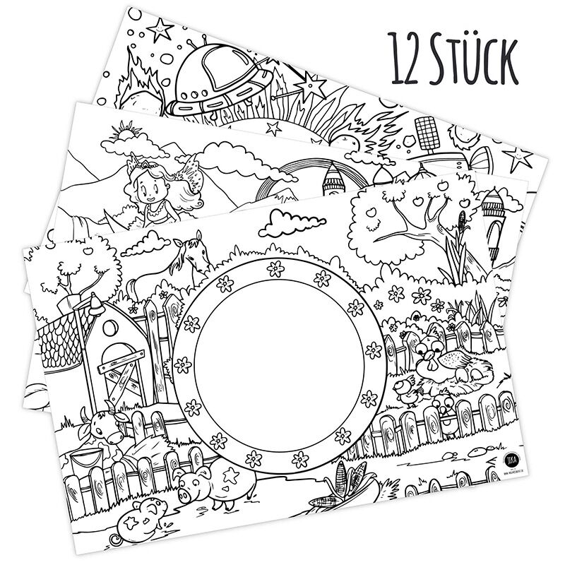 104 Platzdeckchen "Motiv-Mix I" zum Ausmalen (Bauernhof, Prinzessin & Weltall) – Bild 1