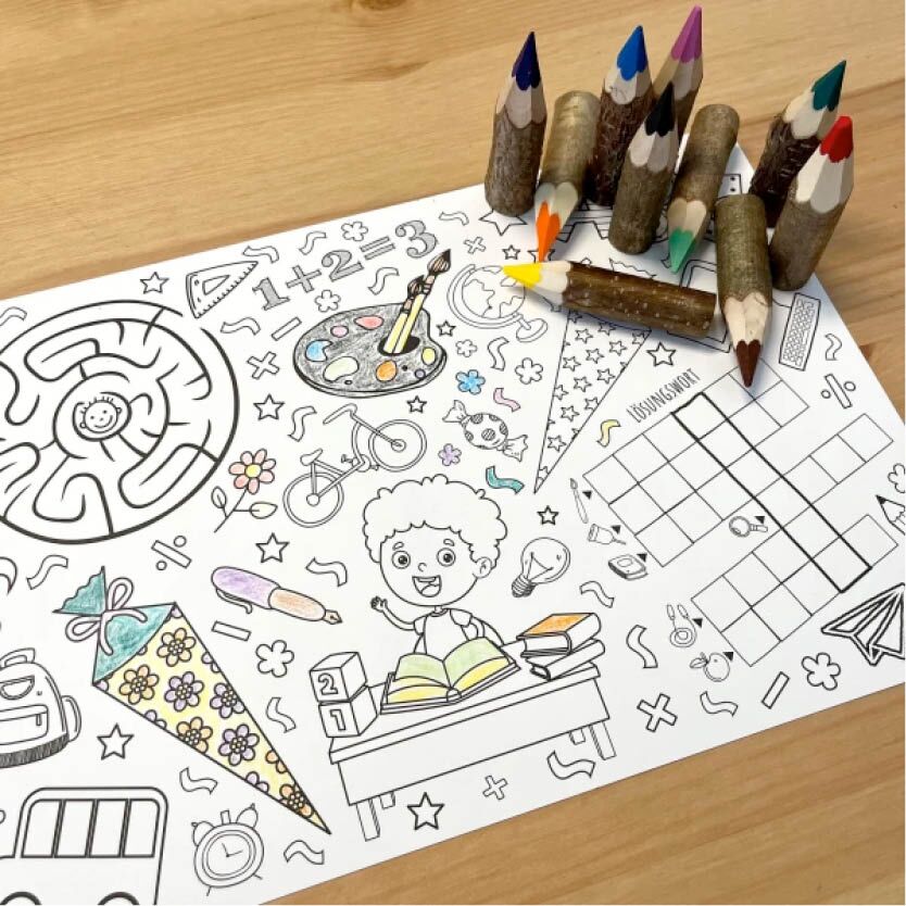 jeka_kinder_tattoos_tischdecke_ausmal4 Platzsets "Schulanfang" zum Ausmalen – Bild 1
