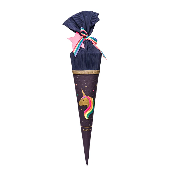 Unicorn-themed chocolate cone gift with a rainbow-maned unicorn illustration on a dark purple cone, topped with pink and rainbow ribbons.