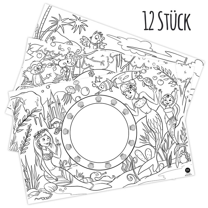 110 Platzdeckchen "Motiv-Mix II" zum Ausmalen (Meerjungfrau, Zoo & Piraten) – Bild 1