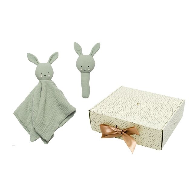 Geschenkset Schmusetuch Gruen Geschenkset Bunny mit Schmusetuch & Rassel (grün) – Bild 1