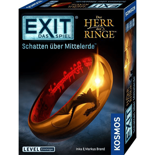 Box for the EXIT Das Spiel 'Schatten über Mittelerde' themed around Der Herr der Ringe, showing a glowing golden ring on the front.