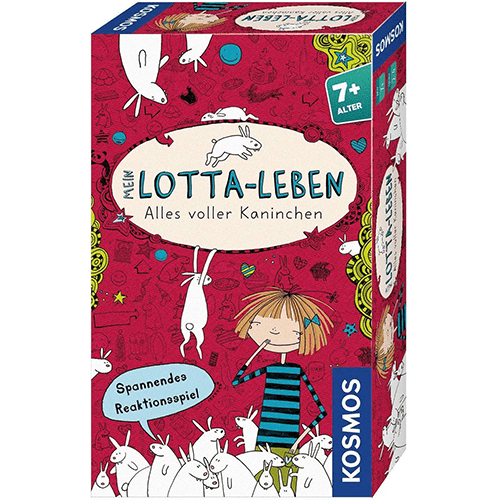 lotta Bright red kids' game box for 'Lotta-Leben' with white rabbits and a girl; Kosmos brand and 'Spannendes Reaktionsspiel' note visible on the cover
