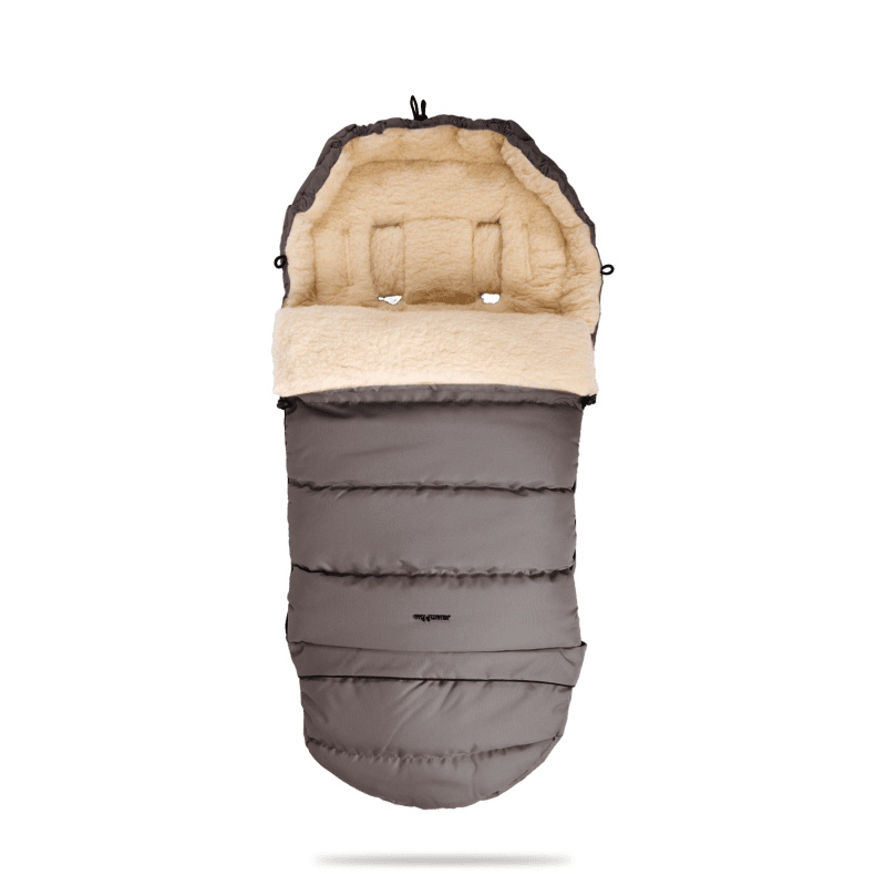 Grey insulated baby bunting bag with cream plush lining and hood, for newborns or infants