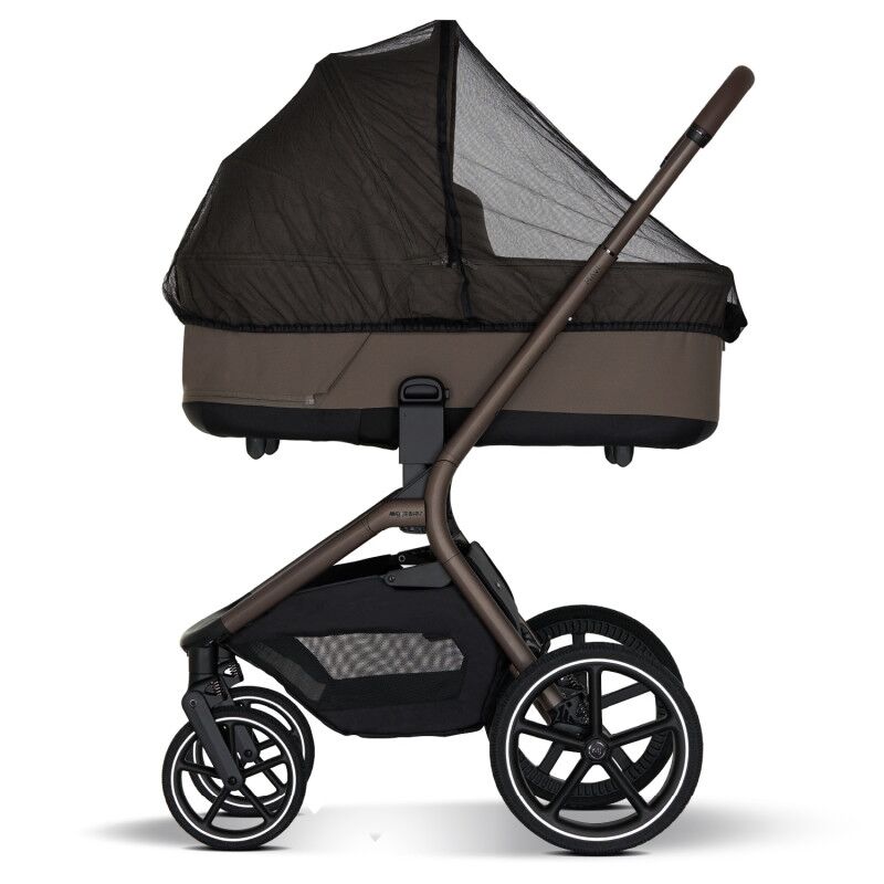 Baby stroller with a brown bassinet and mesh canopy on a sturdy frame, side view.