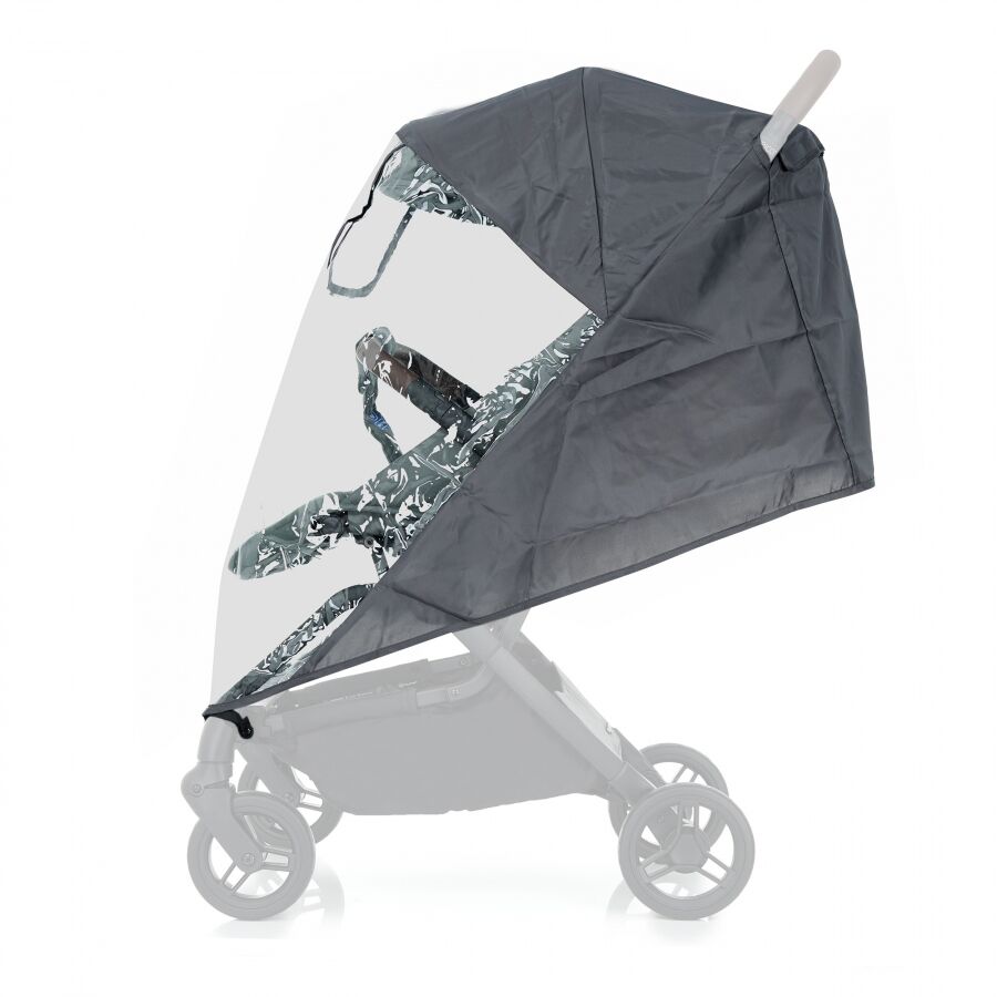 Gray rain canopy for a stroller with a clear plastic window to keep the baby dry.