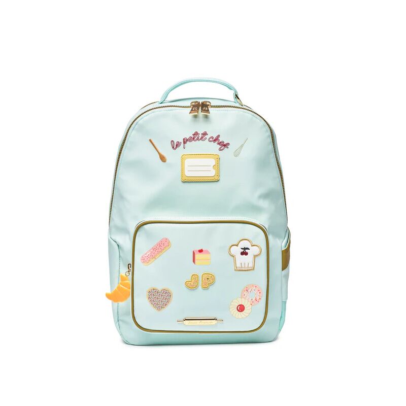 lepetitchef Pastel blue backpack with a front zip pocket and playful food-themed patches, including a chef hat and pastries.