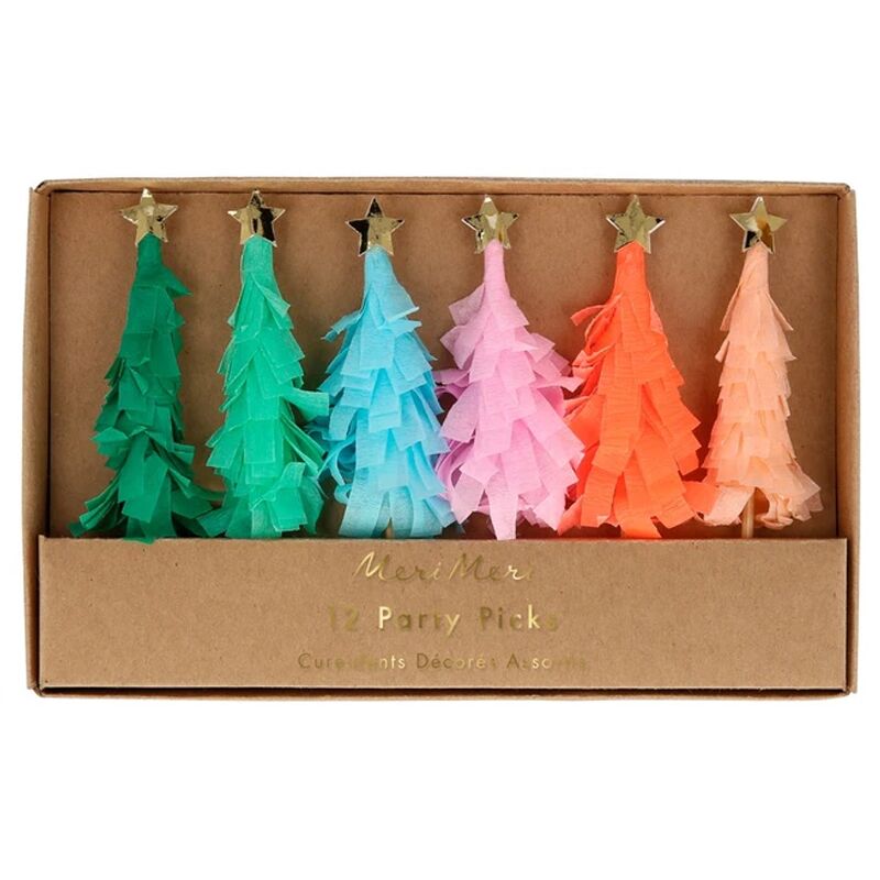 rainbowfringedtreepicks Weihnachtliche Fransen-Partyspieße in Regenbogenfarben von Meri Meri – Bild 1