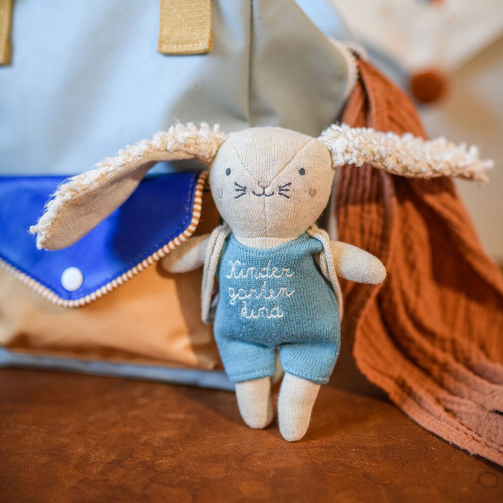 Hase "Kindergartenkind" mit Anzug in hellblau (16 cm, mit Rucksack) – Bild 1