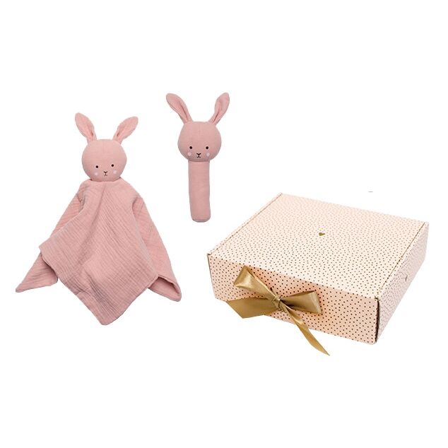 Geschenkset Bunny mit Schmusetuch & Rassel (pink) – Bild 1