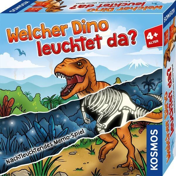 kosmos-dino Box for a dinosaur memory game: 'Welcher Dino leuchtet da?' with a glowing T-Rex skeleton illustration under a torn cover