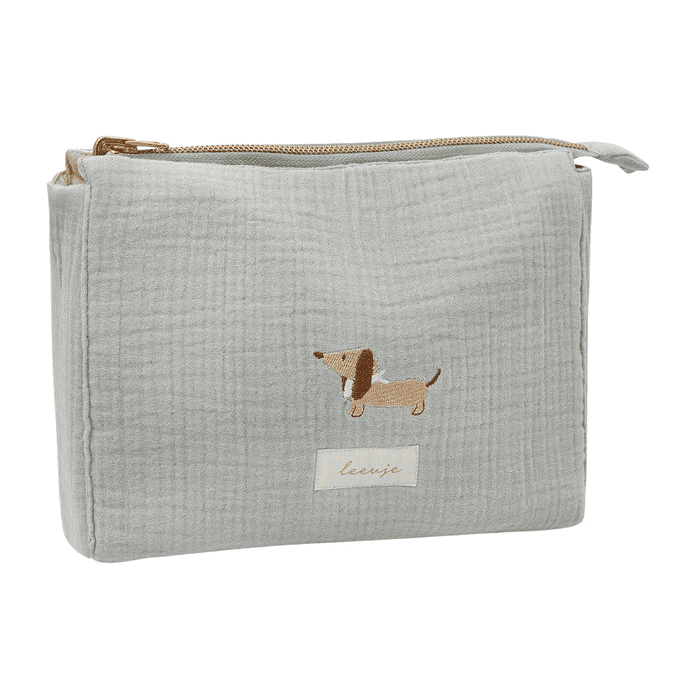square_image7 Gray fabric zippered pouch with a small embroidered dachshund and a beige label, likely a cosmetic or coin purse