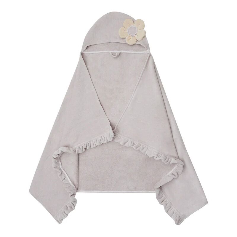 leevjeblumehandtuch Light gray hooded baby towel with a pale yellow flower on the hood and ruffled edges along the sides for a cozy finish.