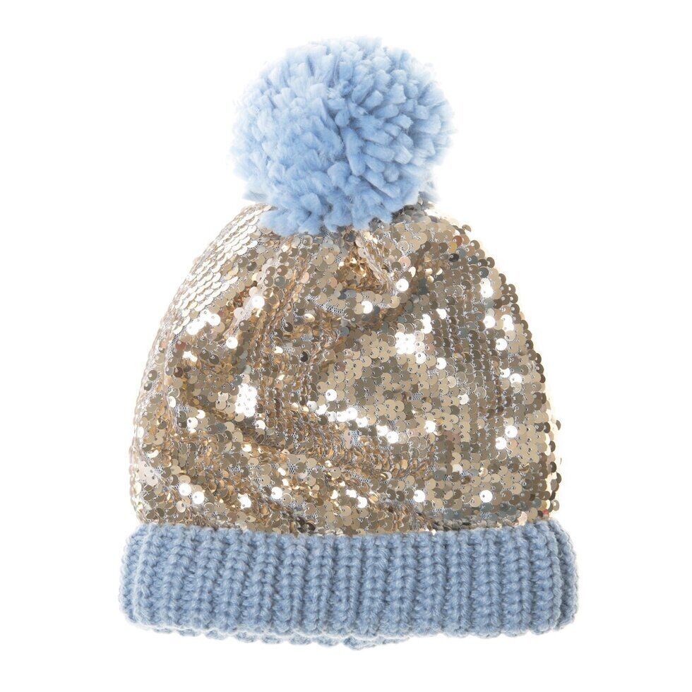 Shimmer Sequin Knitted Hat Blue 3-6 Years Strickmütze "Schimmernde Pailletten"