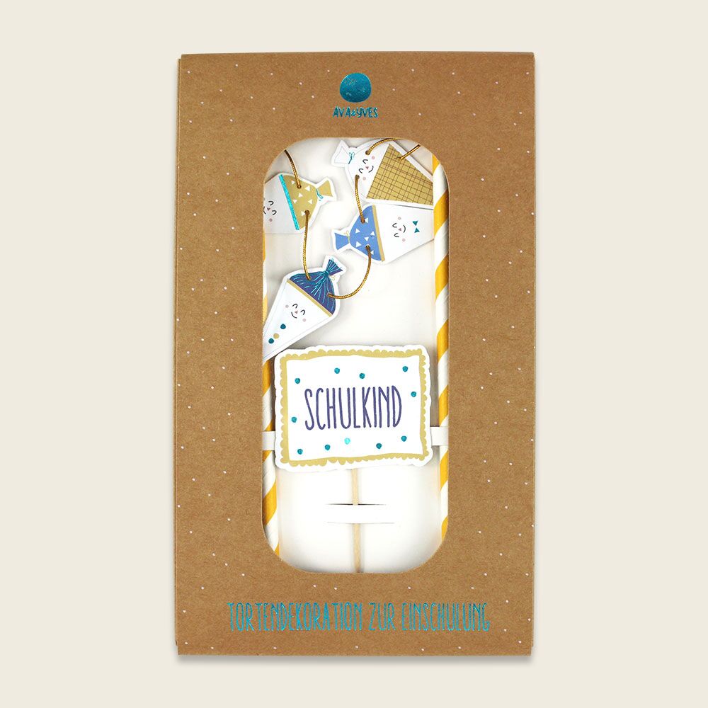 Cake Topper "Schulkind" mit Schultüten weiß, blau,  senf – Bild 1